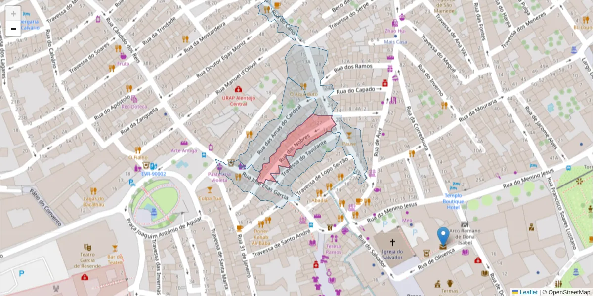 Mapa detalhado do código postal 7000-590 com limites, códigos postais vizinhos e agências dos correios