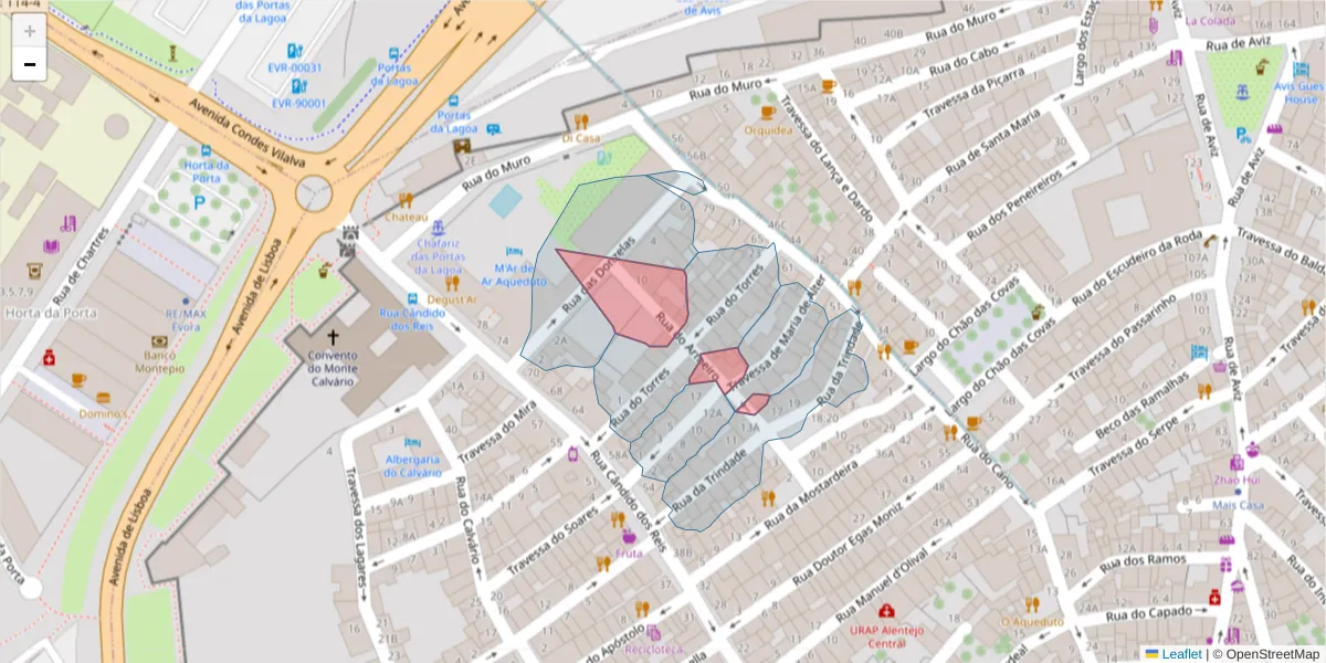 Mapa detalhado do código postal 7000-594 com limites, códigos postais vizinhos e agências dos correios