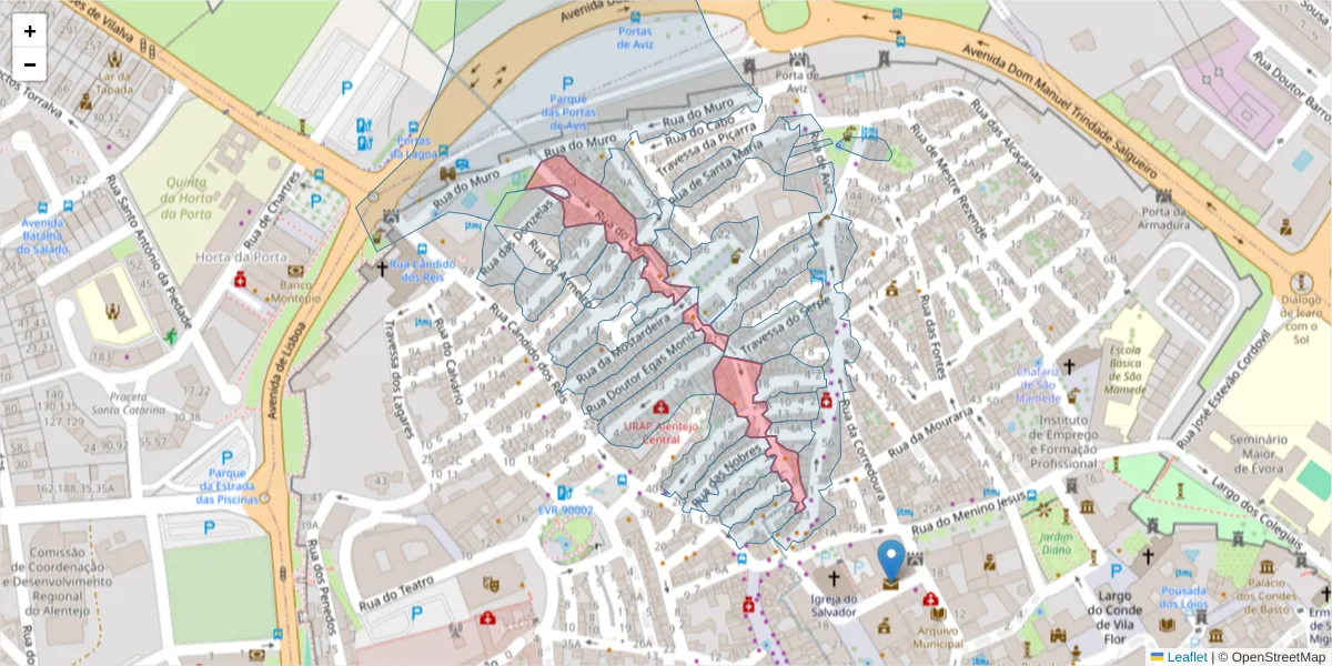 Mapa detalhado do código postal 7000-596 com limites, códigos postais vizinhos e agências dos correios