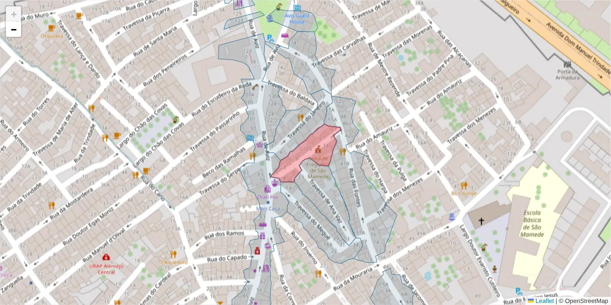 Mapa detalhado do código postal 7000-598 com limites, códigos postais vizinhos e agências dos correios