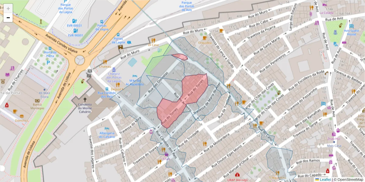 Mapa detalhado do código postal 7000-603 com limites, códigos postais vizinhos e agências dos correios