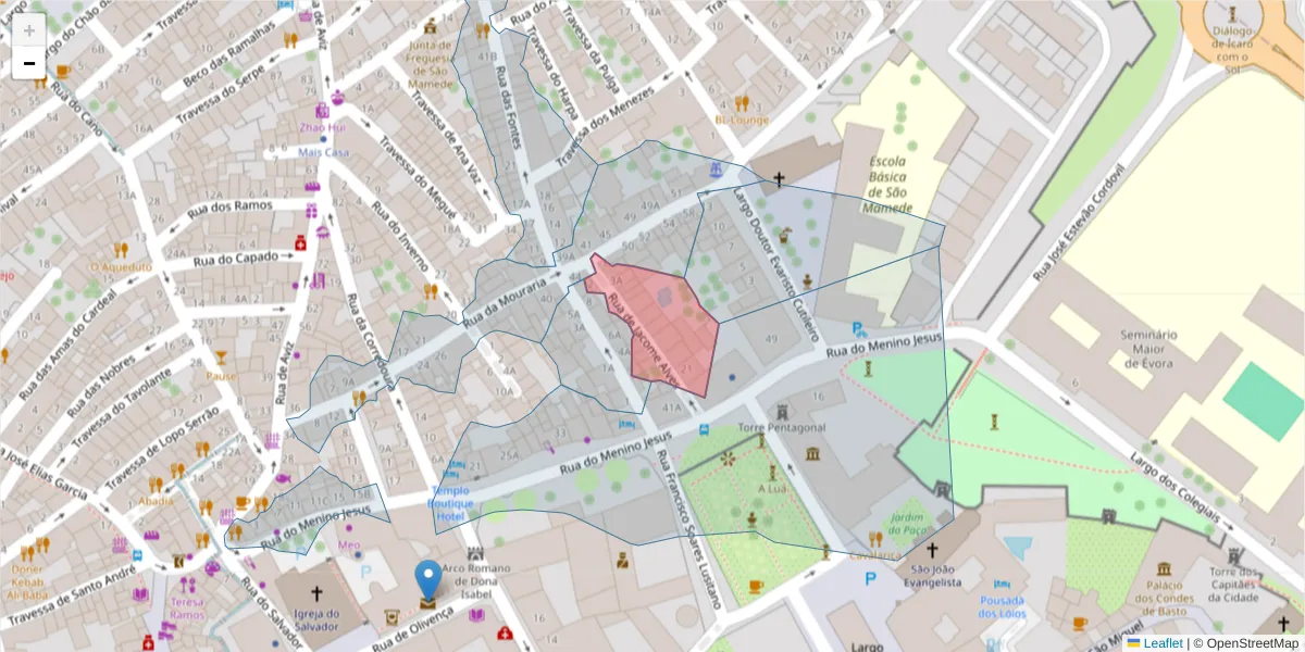 Mapa detalhado do código postal 7000-608 com limites, códigos postais vizinhos e agências dos correios