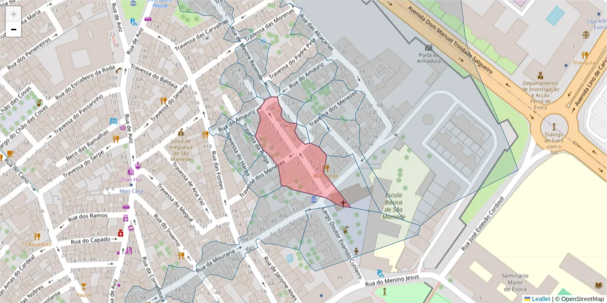 Mapa detalhado do código postal 7000-613 com limites, códigos postais vizinhos e agências dos correios