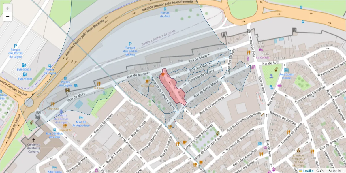 Mapa detalhado do código postal 7000-614 com limites, códigos postais vizinhos e agências dos correios