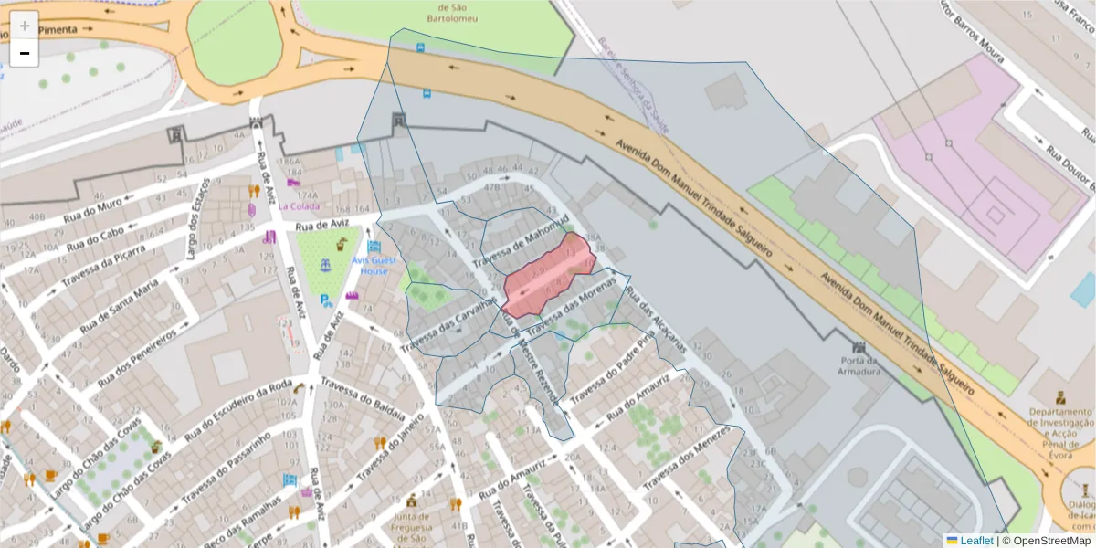Mapa detalhado do código postal 7000-615 com limites, códigos postais vizinhos e agências dos correios