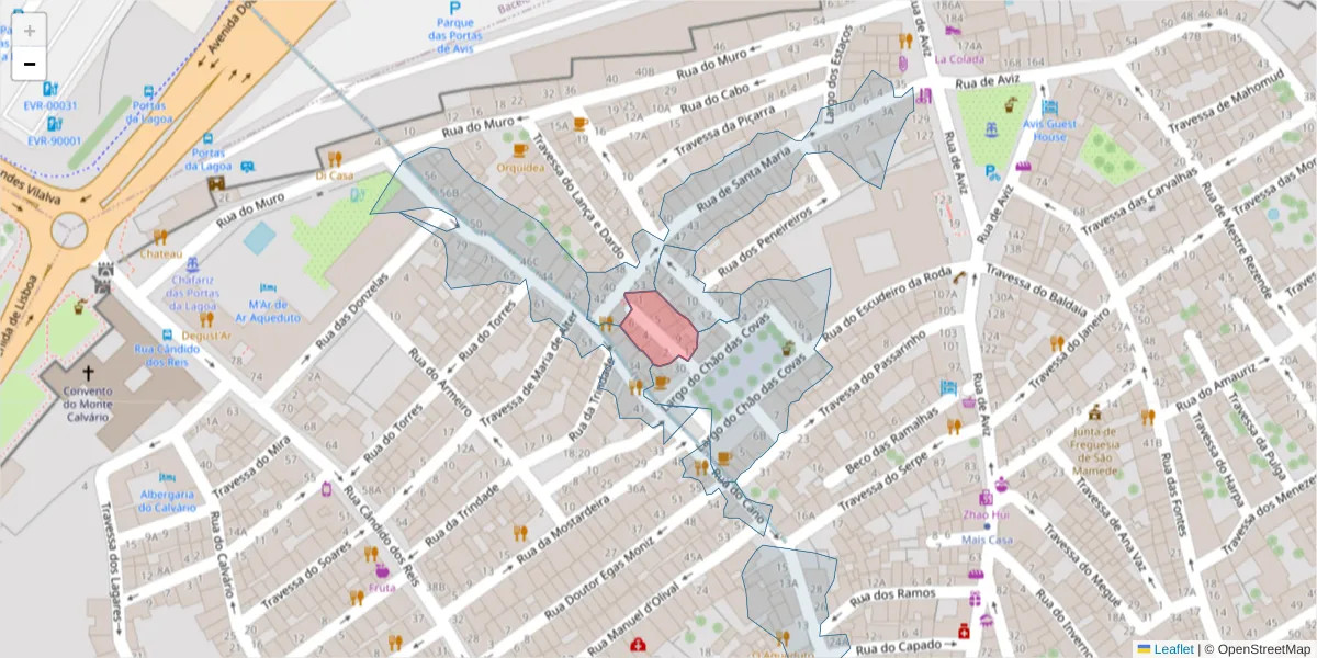 Mapa detalhado do código postal 7000-626 com limites, códigos postais vizinhos e agências dos correios