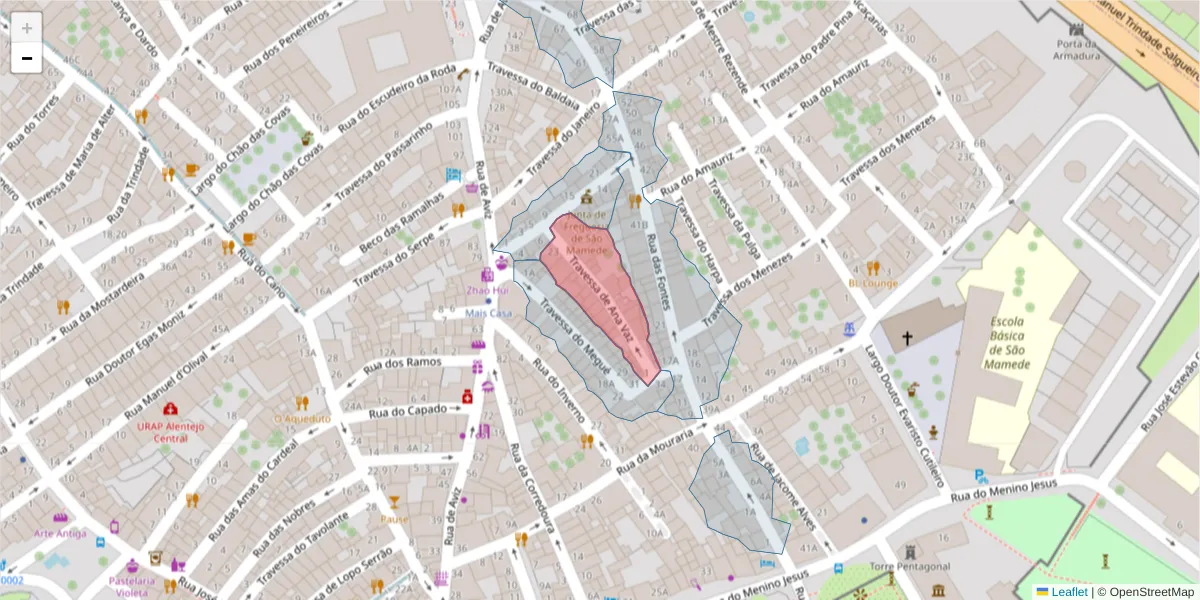 Mapa detalhado do código postal 7000-627 com limites, códigos postais vizinhos e agências dos correios