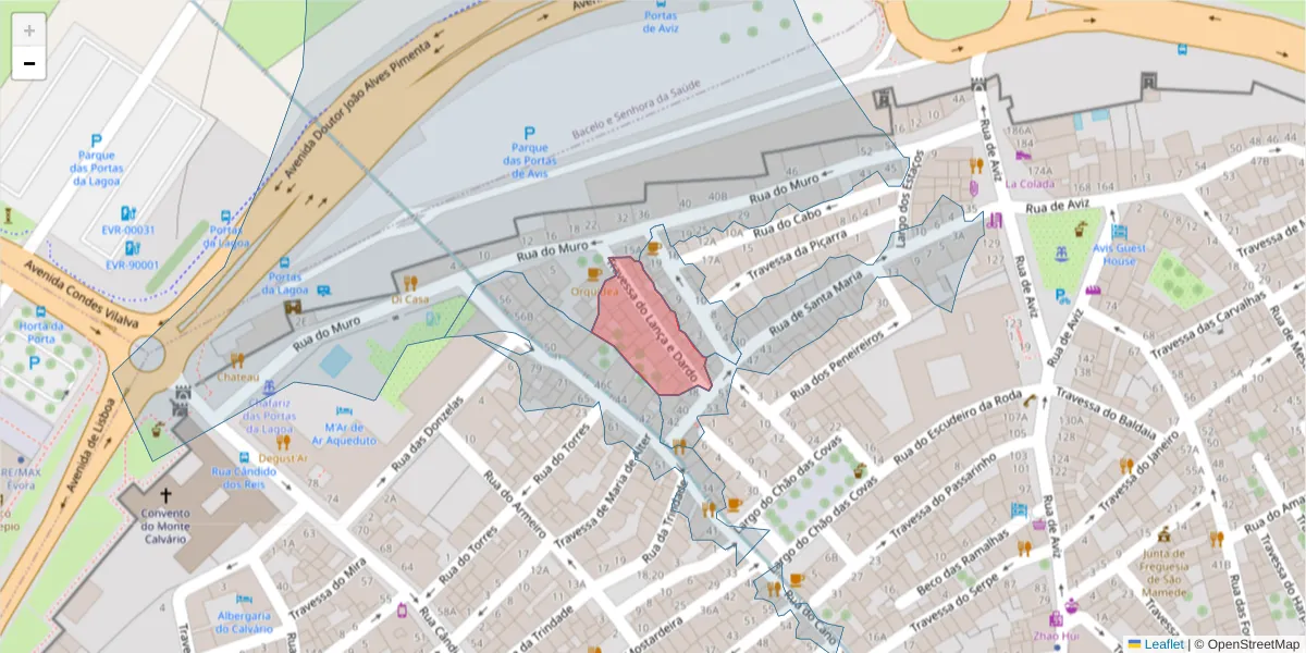 Mapa detalhado do código postal 7000-628 com limites, códigos postais vizinhos e agências dos correios