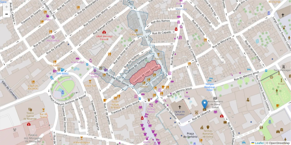 Mapa detalhado do código postal 7000-629 com limites, códigos postais vizinhos e agências dos correios