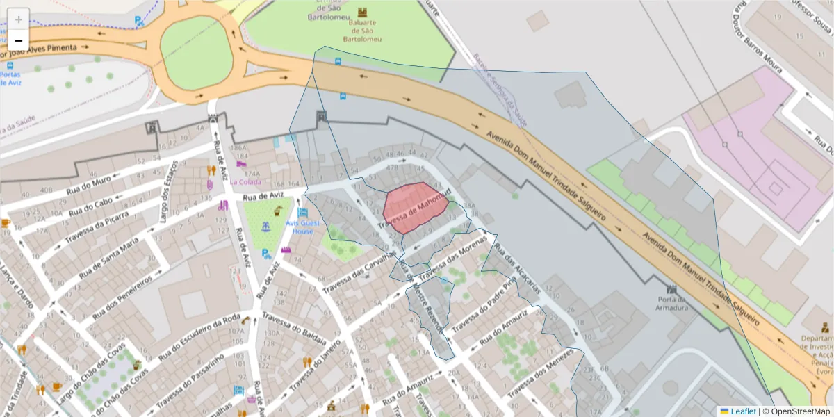 Mapa detalhado do código postal 7000-630 com limites, códigos postais vizinhos e agências dos correios