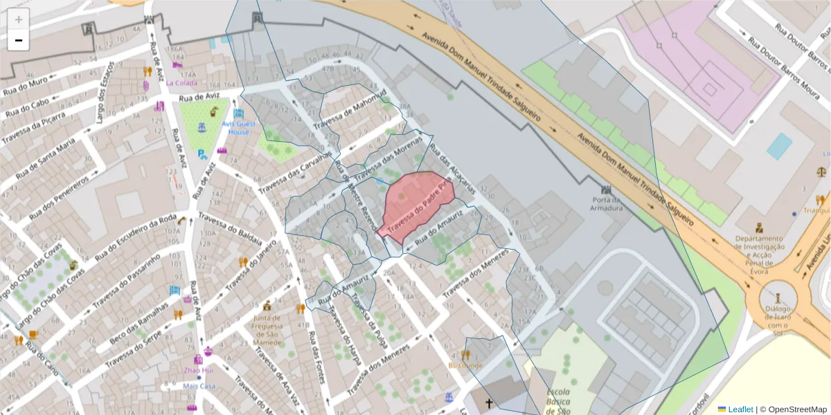 Mapa detalhado do código postal 7000-632 com limites, códigos postais vizinhos e agências dos correios