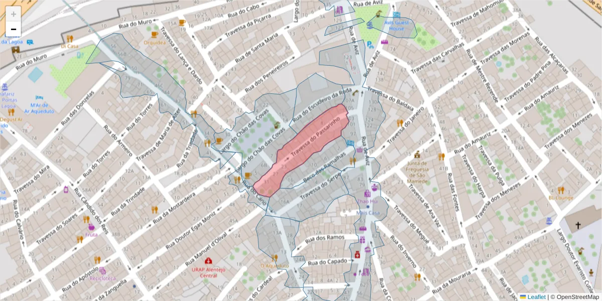 Mapa detalhado do código postal 7000-633 com limites, códigos postais vizinhos e agências dos correios