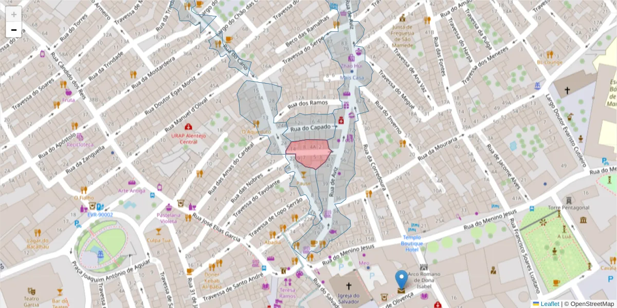 Mapa detalhado do código postal 7000-634 com limites, códigos postais vizinhos e agências dos correios