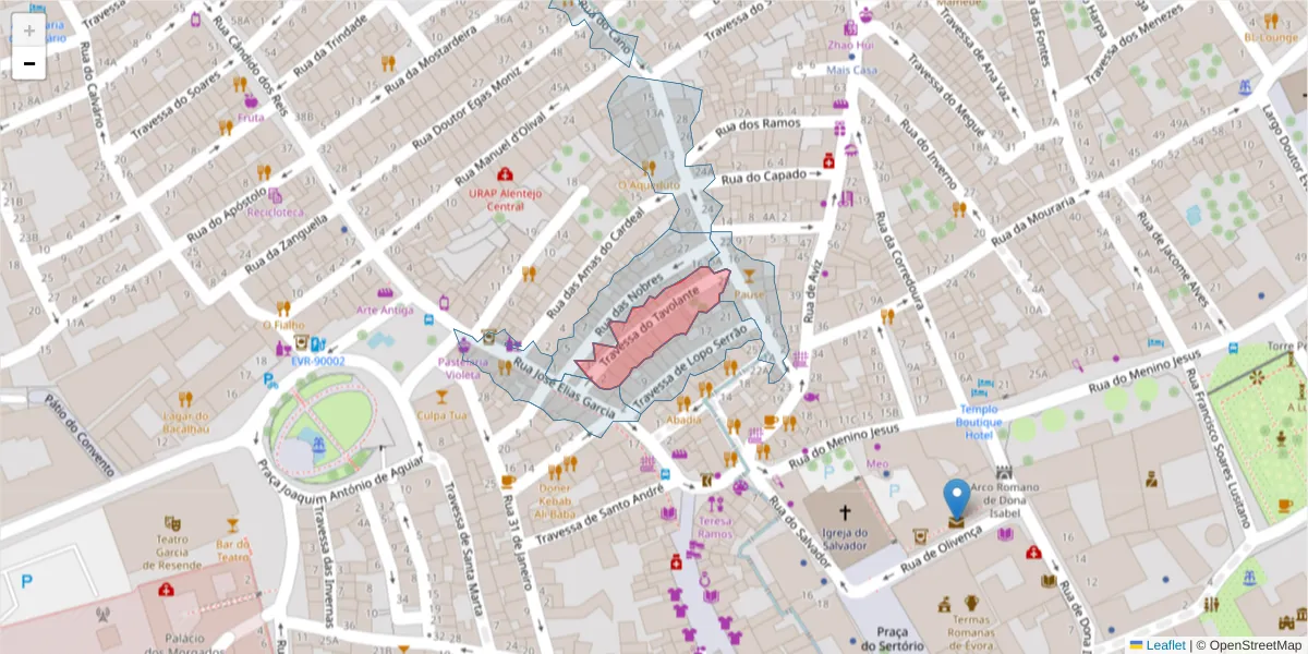 Mapa detalhado do código postal 7000-636 com limites, códigos postais vizinhos e agências dos correios