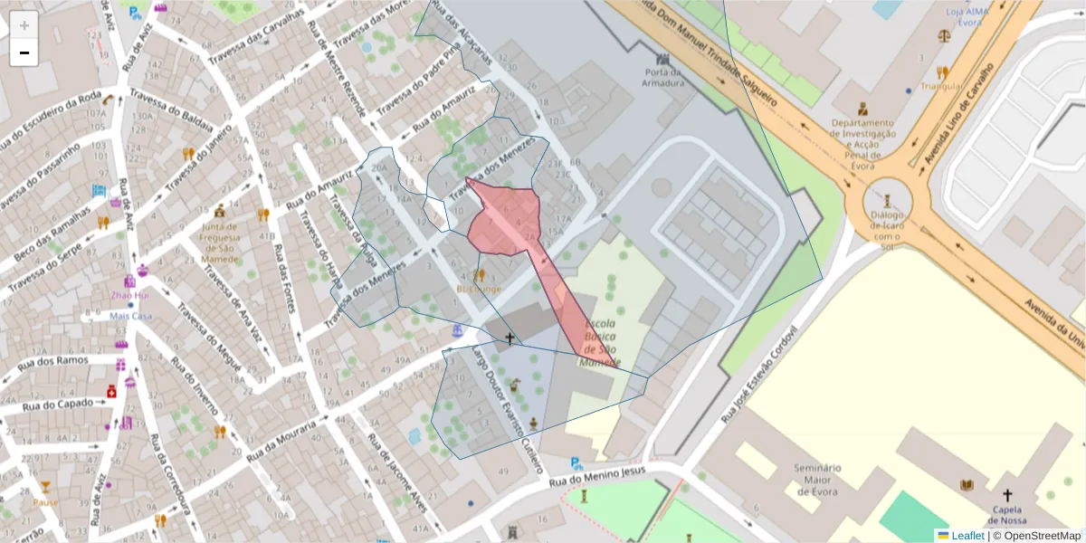 Mapa detalhado do código postal 7000-637 com limites, códigos postais vizinhos e agências dos correios
