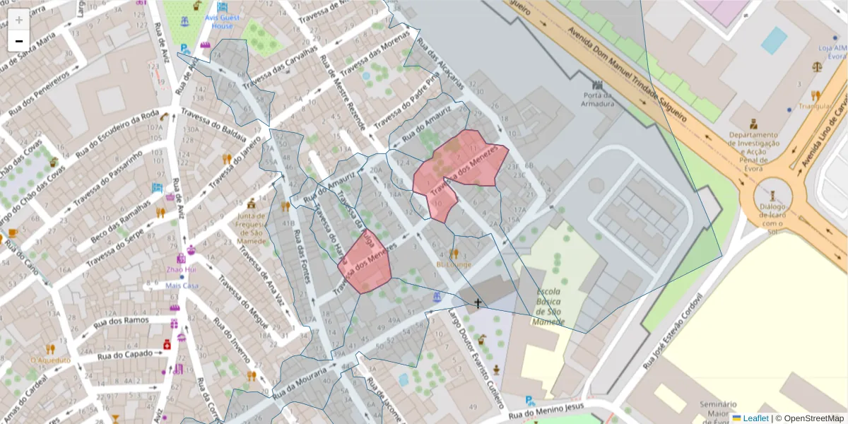 Mapa detalhado do código postal 7000-639 com limites, códigos postais vizinhos e agências dos correios