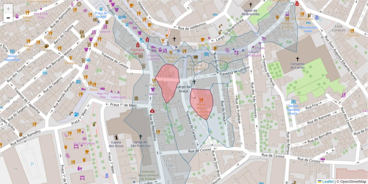 Mapa detalhado do código postal 7000-645 com limites, códigos postais vizinhos e agências dos correios