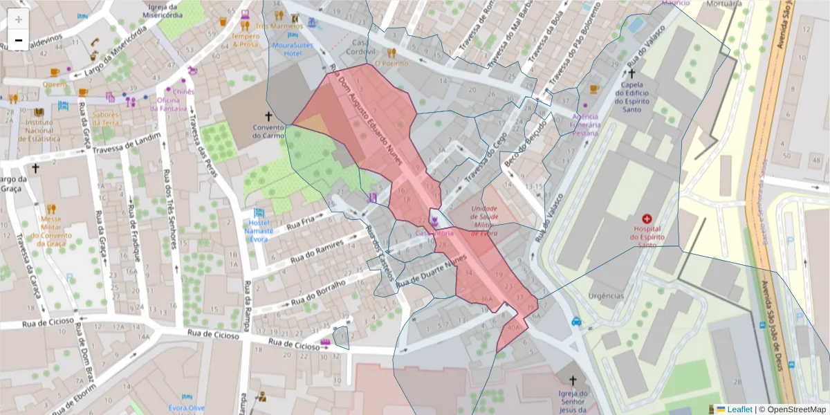 Mapa detalhado do código postal 7000-651 com limites, códigos postais vizinhos e agências dos correios