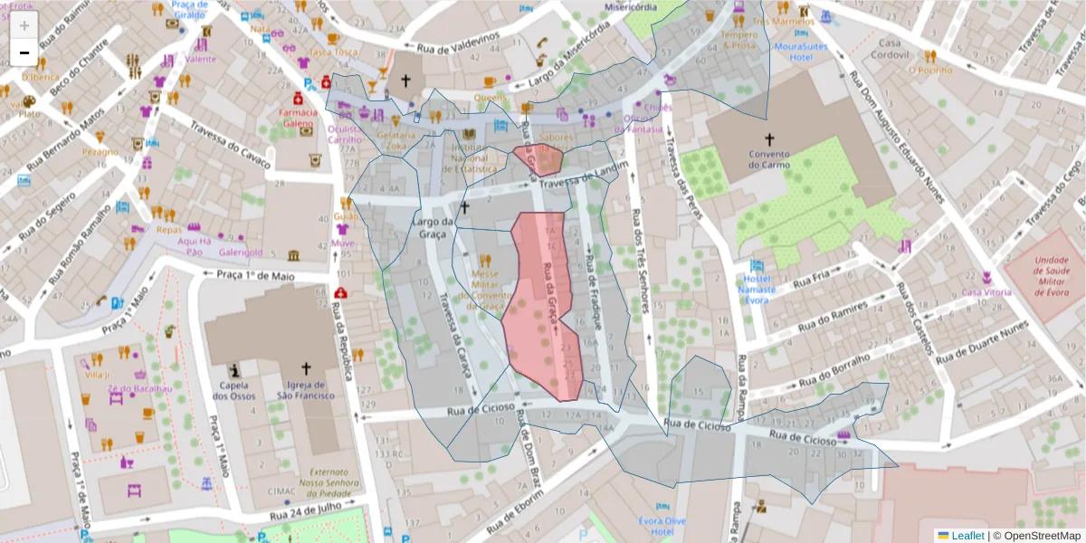 Mapa detalhado do código postal 7000-653 com limites, códigos postais vizinhos e agências dos correios