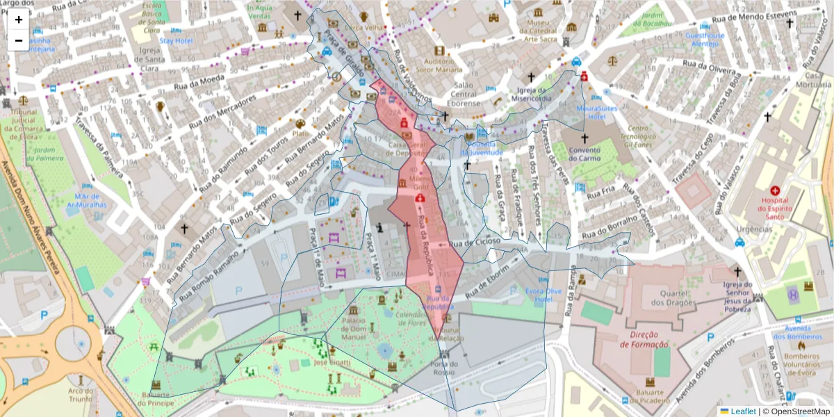Mapa detalhado do código postal 7000-656 com limites, códigos postais vizinhos e agências dos correios
