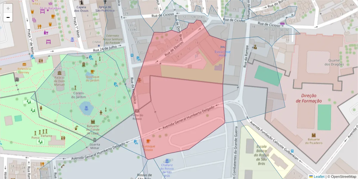 Mapa detalhado do código postal 7000-659 com limites, códigos postais vizinhos e agências dos correios