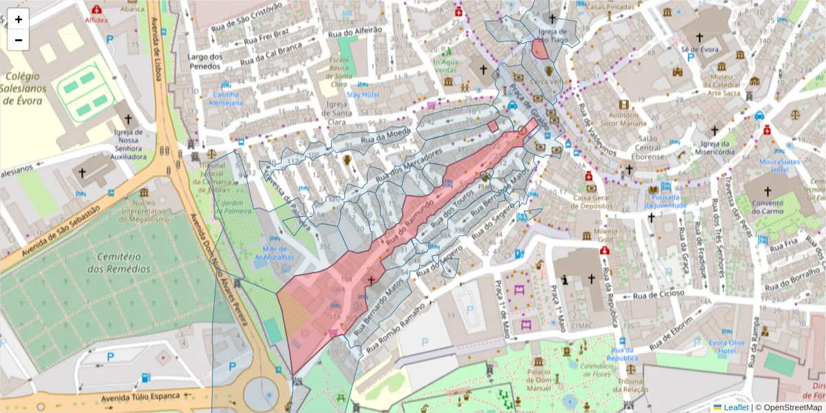 Mapa detalhado do código postal 7000-661 com limites, códigos postais vizinhos e agências dos correios