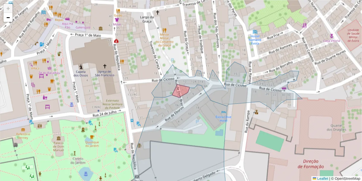 Mapa detalhado do código postal 7000-663 com limites, códigos postais vizinhos e agências dos correios