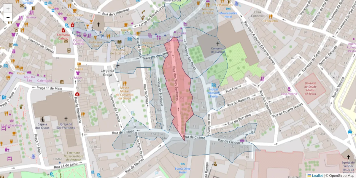 Mapa detalhado do código postal 7000-666 com limites, códigos postais vizinhos e agências dos correios
