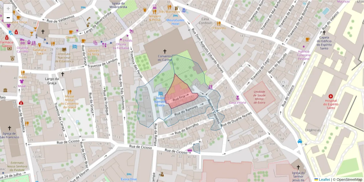 Mapa detalhado do código postal 7000-668 com limites, códigos postais vizinhos e agências dos correios