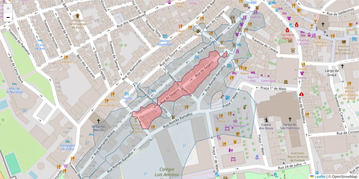 Mapa detalhado do código postal 7000-672 com limites, códigos postais vizinhos e agências dos correios