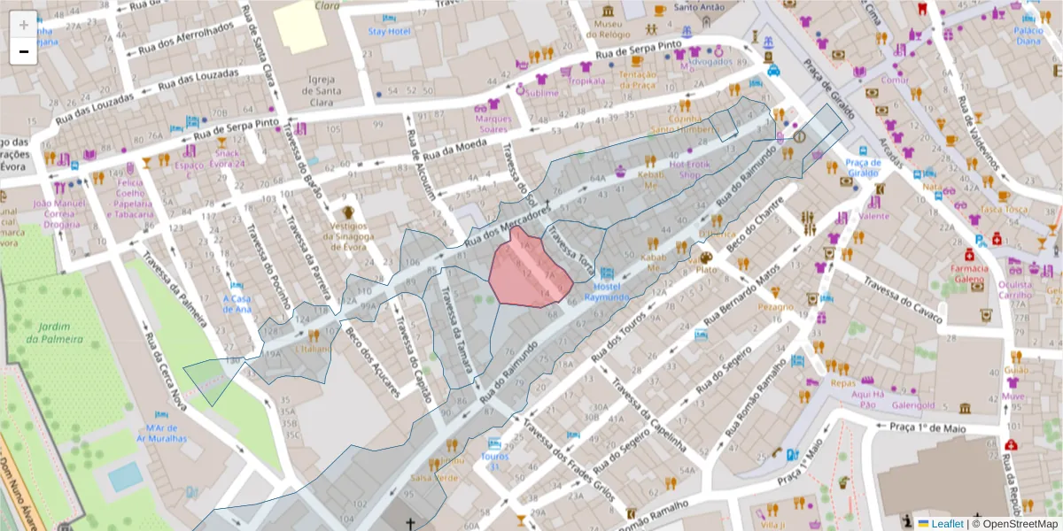 Mapa detalhado do código postal 7000-674 com limites, códigos postais vizinhos e agências dos correios