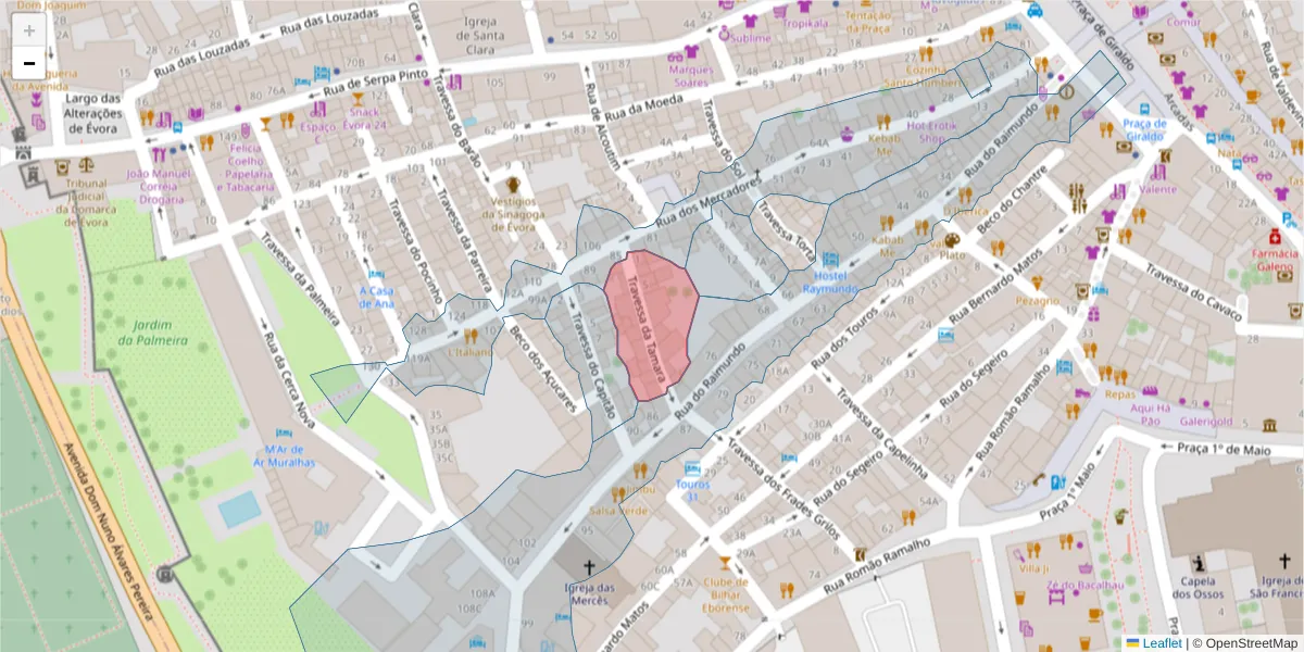 Mapa detalhado do código postal 7000-677 com limites, códigos postais vizinhos e agências dos correios