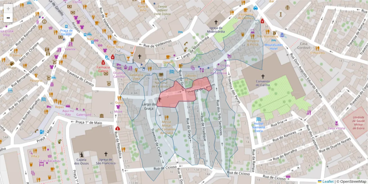 Mapa detalhado do código postal 7000-682 com limites, códigos postais vizinhos e agências dos correios