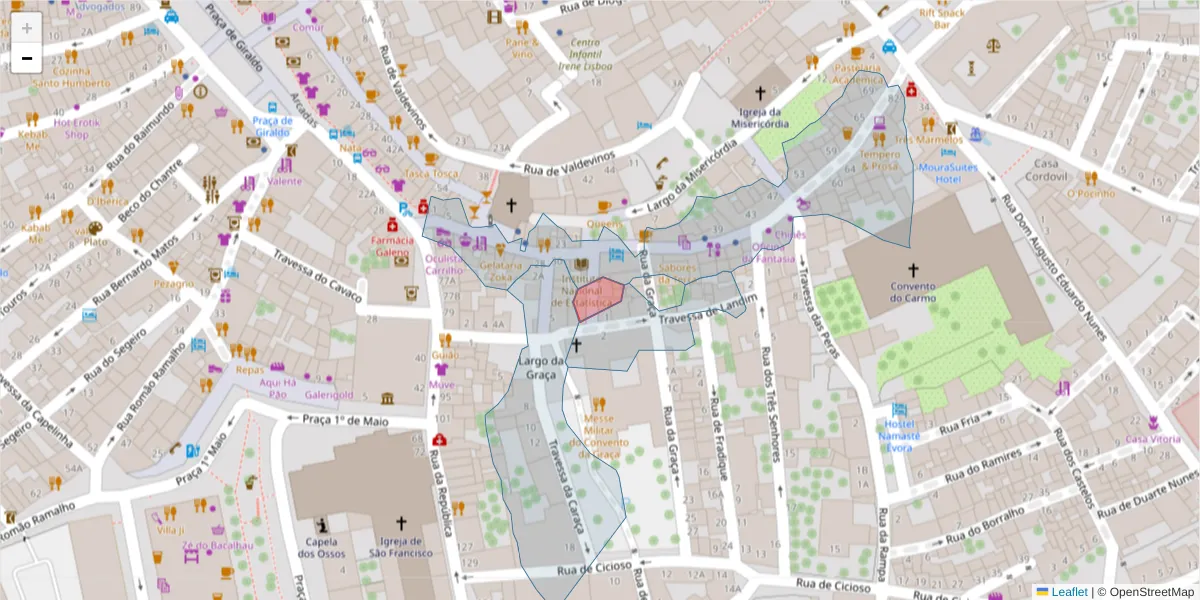 Mapa detalhado do código postal 7000-687 com limites, códigos postais vizinhos e agências dos correios