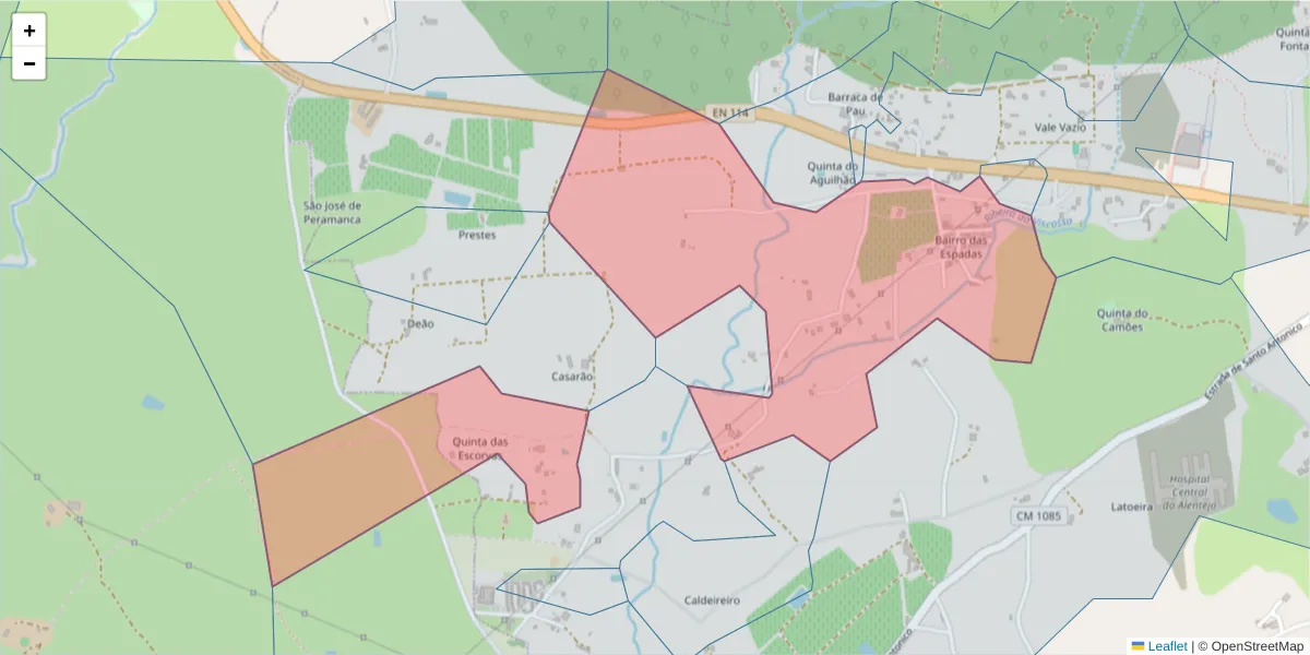 Mapa detalhado do código postal 7000-712 com limites, códigos postais vizinhos e agências dos correios