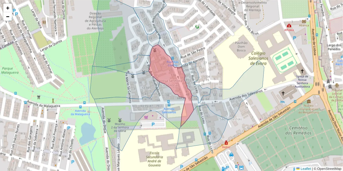 Mapa detalhado do código postal 7000-721 com limites, códigos postais vizinhos e agências dos correios