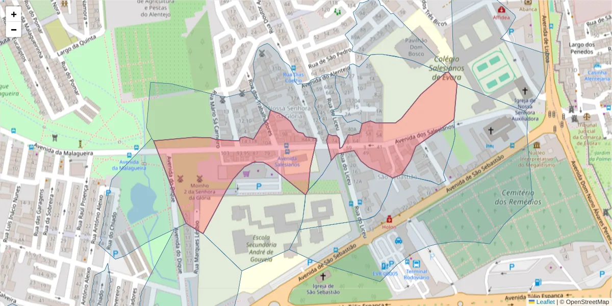 Mapa detalhado do código postal 7000-726 com limites, códigos postais vizinhos e agências dos correios
