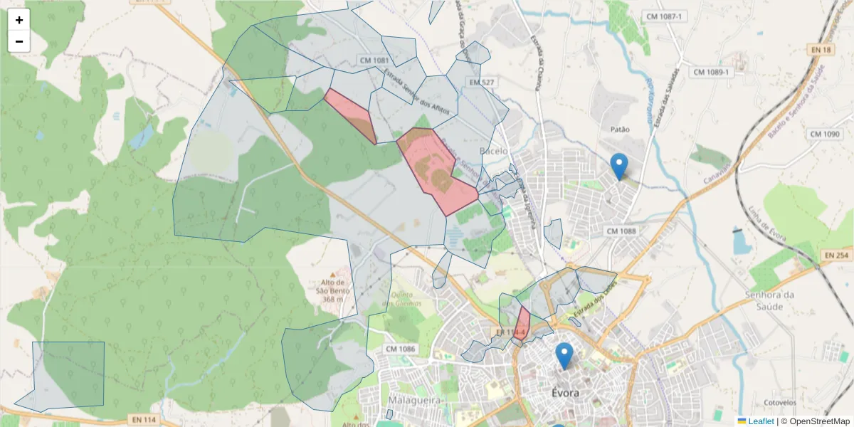 Mapa detalhado do código postal 7000-744 com limites, códigos postais vizinhos e agências dos correios