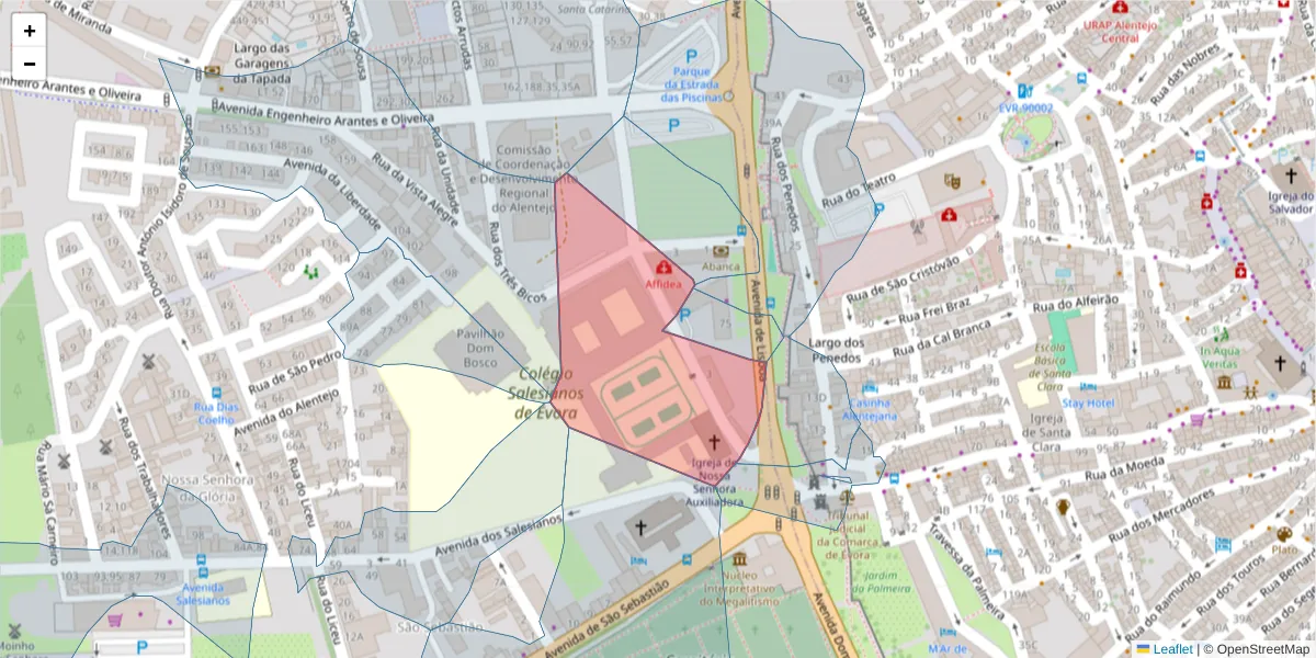 Mapa detalhado do código postal 7000-766 com limites, códigos postais vizinhos e agências dos correios