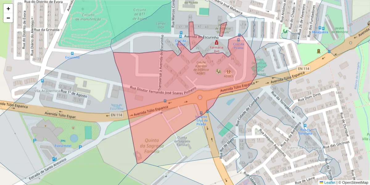 Mapa detalhado do código postal 7000-772 com limites, códigos postais vizinhos e agências dos correios