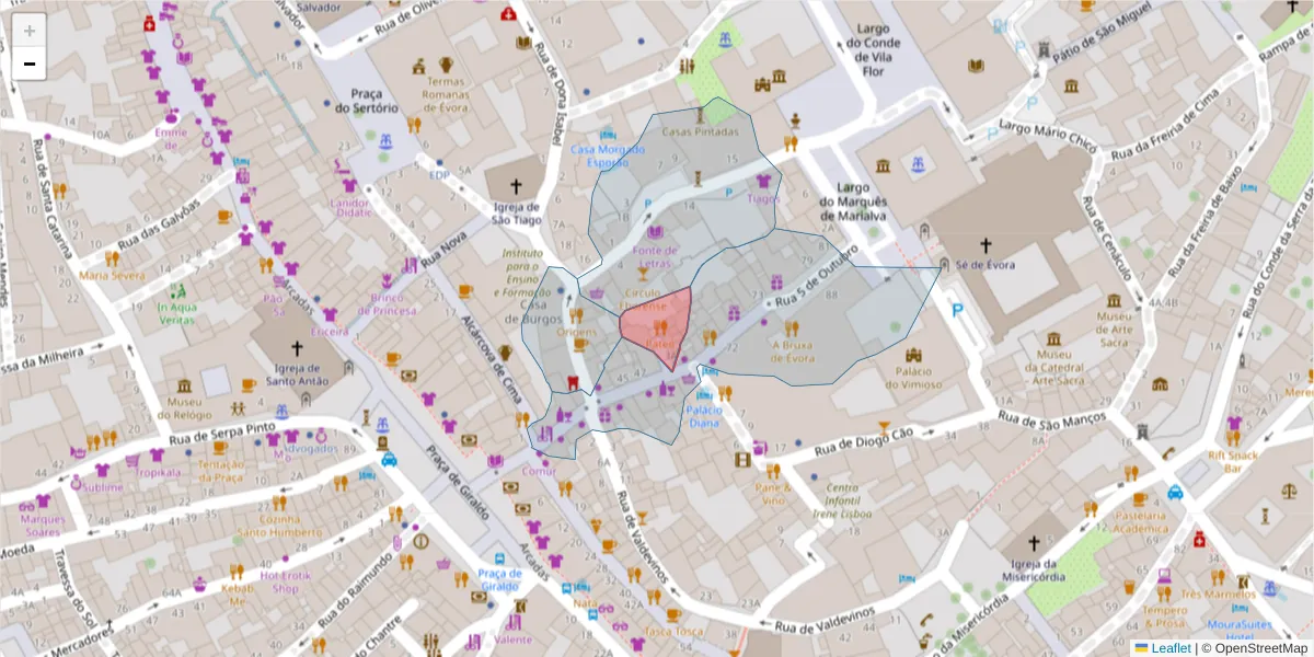 Mapa detalhado do código postal 7000-783 com limites, códigos postais vizinhos e agências dos correios
