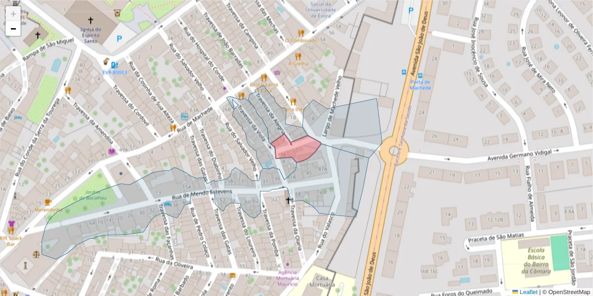 Mapa detalhado do código postal 7000-800 com limites, códigos postais vizinhos e agências dos correios