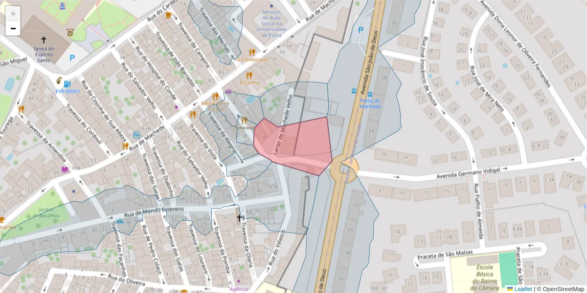 Mapa detalhado do código postal 7000-801 com limites, códigos postais vizinhos e agências dos correios