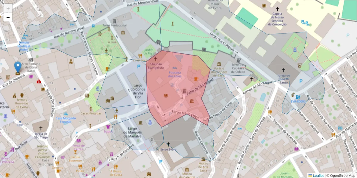 Mapa detalhado do código postal 7000-802 com limites, códigos postais vizinhos e agências dos correios