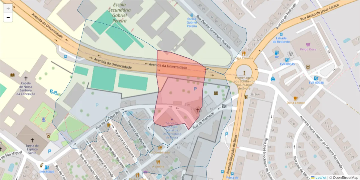 Mapa detalhado do código postal 7000-810 com limites, códigos postais vizinhos e agências dos correios