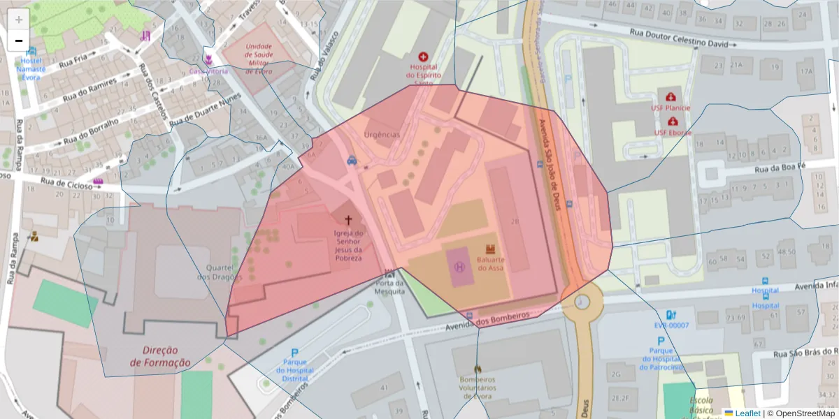 Mapa detalhado do código postal 7000-811 com limites, códigos postais vizinhos e agências dos correios