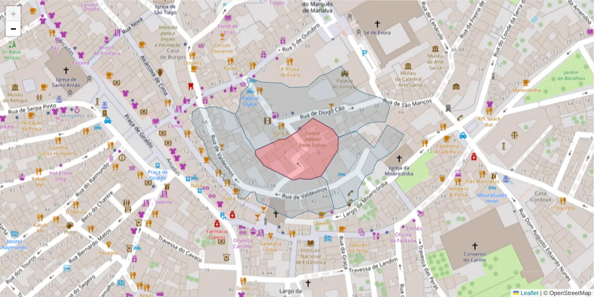Mapa detalhado do código postal 7000-818 com limites, códigos postais vizinhos e agências dos correios