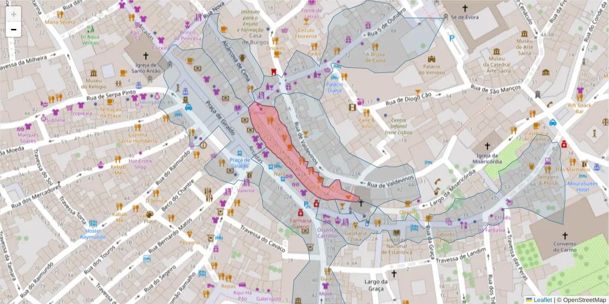 Mapa detalhado do código postal 7000-841 com limites, códigos postais vizinhos e agências dos correios