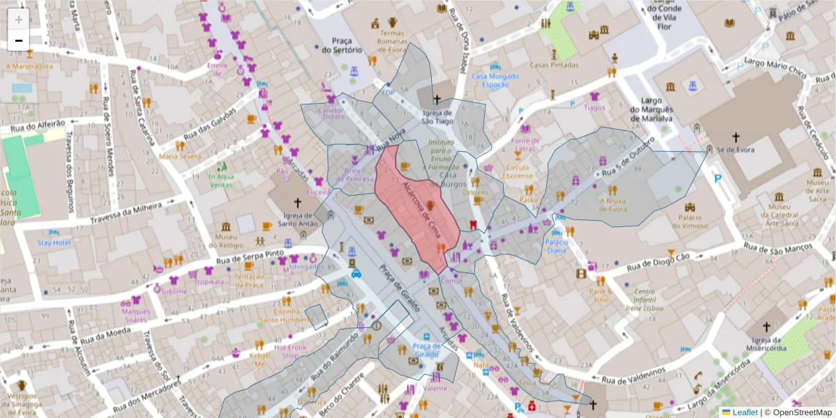 Mapa detalhado do código postal 7000-842 com limites, códigos postais vizinhos e agências dos correios