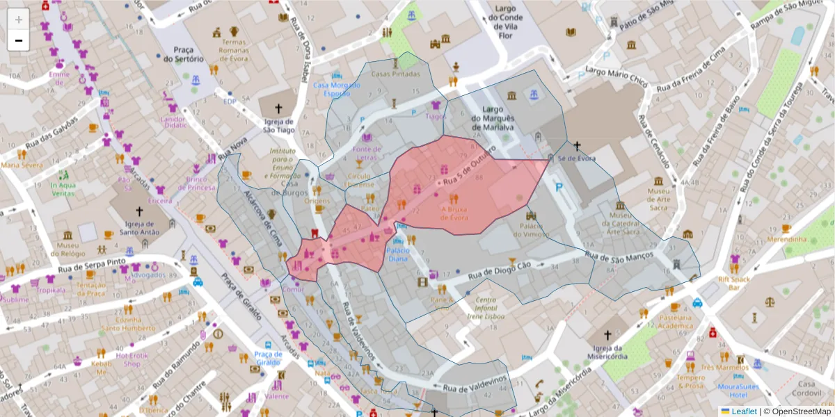Mapa detalhado do código postal 7000-854 com limites, códigos postais vizinhos e agências dos correios